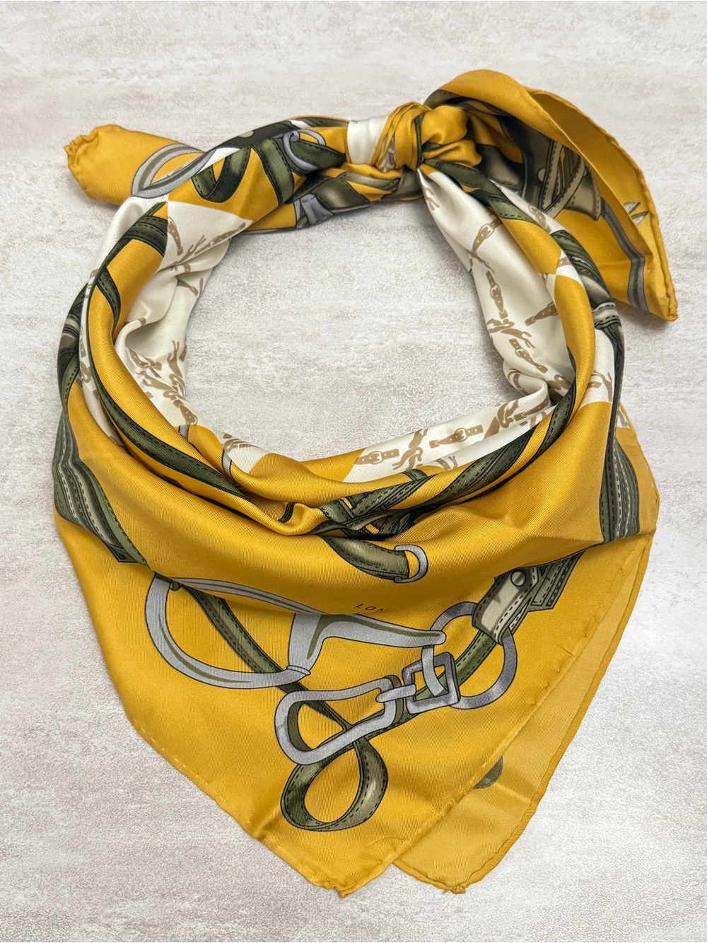 Longchamp vintage silk scarf Mustard Yellow and Cream Equestrian Print Scarf